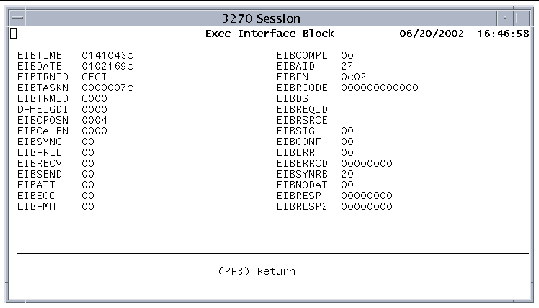 Screen shot showing the CECI Exec Interface Block screen. The PF3 function key is active on this screen. It returns to the previous screen.