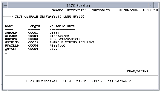 Screen shot showing the CECI variables screen for the GETMAIN command in character/decimal mode.