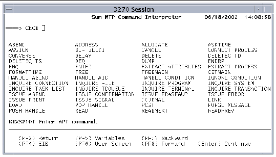 Screen shot showing the CECI screen with supported commands. Message at bottom of screen prompts to enter an API command.