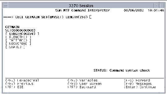 Screen shot showing the CECI syntax screen with a complete GETMAIN command.