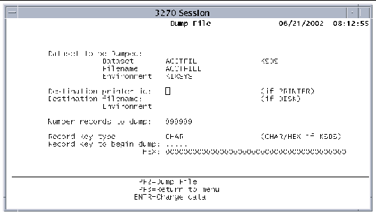 Screen shot showing the Dump File screen with the name of the file selected on the Data File Editor menu and the default values.