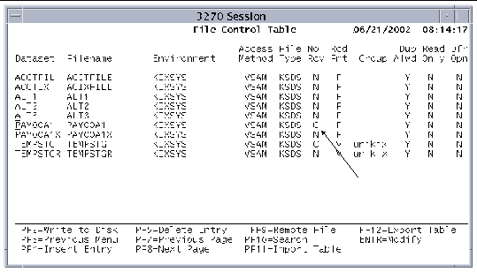 Screen shot showing the File Control Table. An arrow points to the letter C in the No Rcv field.