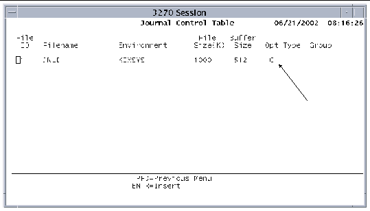 Screen shot showing the Journal Control Table. An arrow points to the letter C in the Opt column.