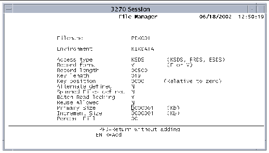 Screen shot showing the VSAM catalog screen where you can define a file as nonreusable.