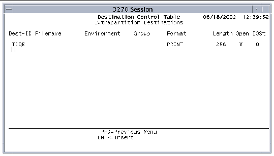 Screen shot of the Extrapartition Destinations insert screen of the DCT showing the entries needed to define a TDQ.