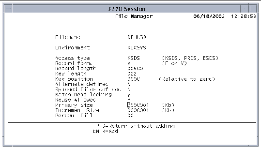 Screen shot showing the screen where you define the DFHUSD file in the VSAM catalog.