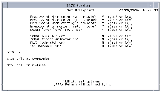Screen shot showing the Set Breakpoint screen. Function keys at the bottom of the screen are: ENTR, Set options, and PF3, Return without modifying.