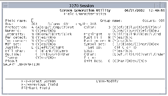 Screen shot showing the Field Characteristics screen.