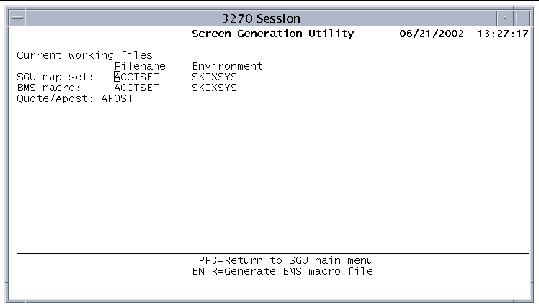 Screen shot showing the SGU map set file name and environment variable, the BMS macro file name and environment variable, and the Quote/Apost field.