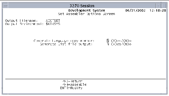 Screen shot showing the Set Assembler Options Screen.