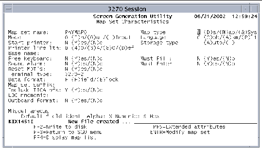 Screen shot showing the Map Set Characteristics screen with the new file created message.