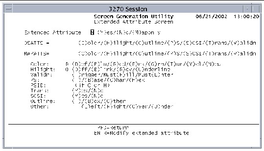 Screen showing the Extended Attribute Screen.