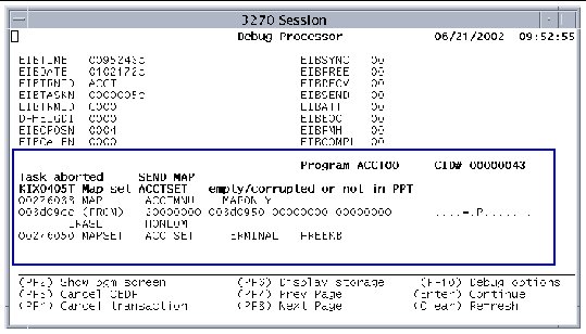 Screen shot showing the Debug Processor screen. In the middle of the screen, a box surrounds information including the error message, the program name, and the CID number.