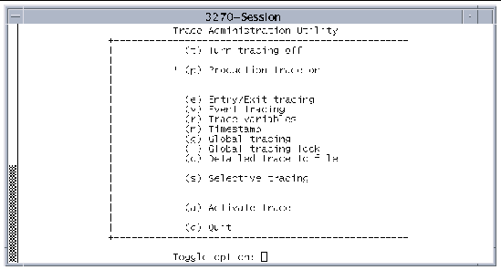 Screen shot showing the Trace Administration Utility menu.