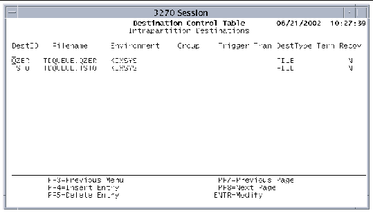 Screen shot showing the Intrapartition Destinations screen.