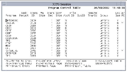 Screen shot showing the Program Control Table.