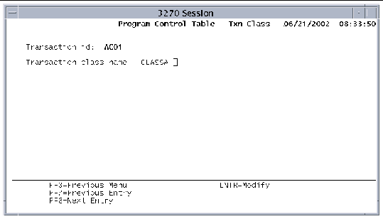 Screen shot showing the Program Control Table's Transaction Classes screen.