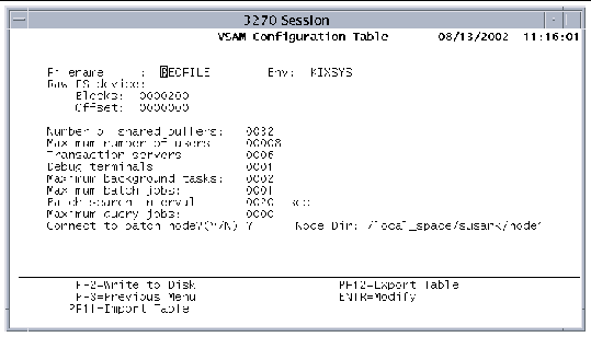 Screen shot showing the VSAM Configuration Table.