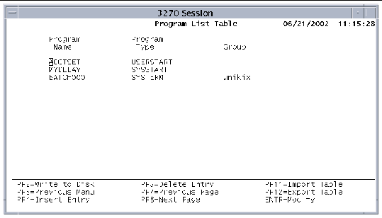 Screen shot showing the Program List Table.