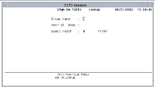 Screen showing the Sign-On Table's Lookup screen.