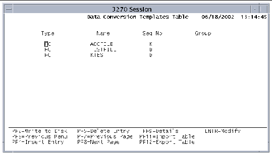 Screen shot showing the Data Conversion Templates Table summary screen.