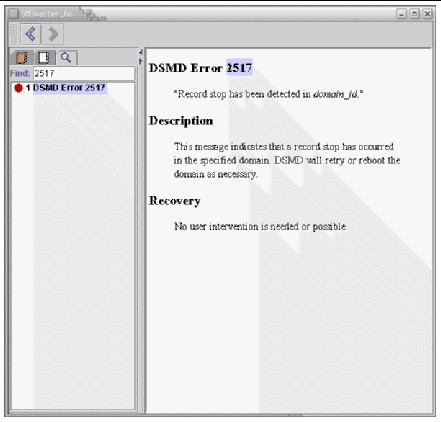 Screen capture of the SMS help browser displaying information for DSMD error 2517. 