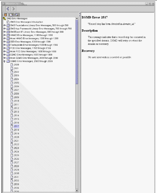 Screen capture of the SMS help browser, showing selection of DSMD error message 2517. 