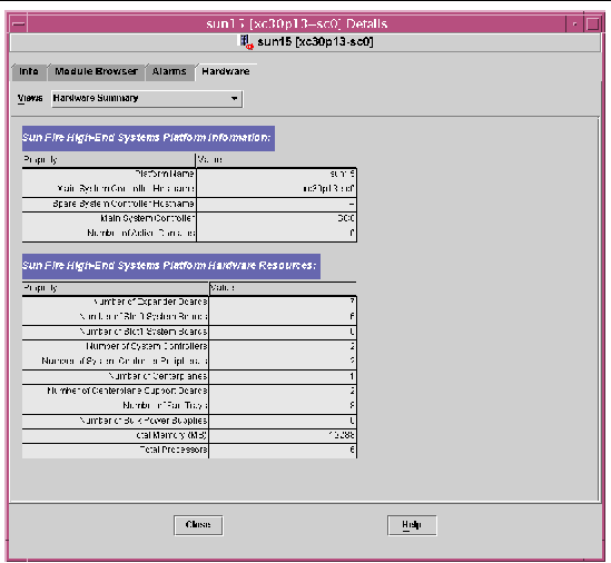 Screen capture of a sample Hardware summary tab in the platform Details panel. 