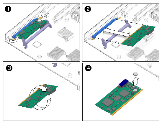 Figure shows ALOM service processor being removed and turned over, and the battery being removed.