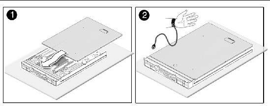 Figure showis server module on a antistatic mat, hand with antistic wrist strap, and cover being replaced.