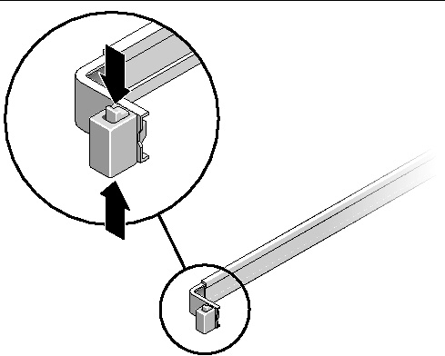 Image showing the location of the slide rail lock at the front of the mounting bracket. 