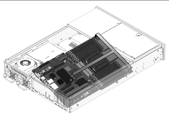 Figure showing how to remove the motherboard assembly from the server chassis.