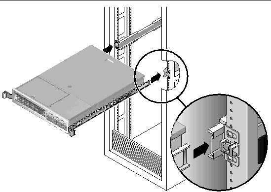 Figure showing how to place server in rack rails.