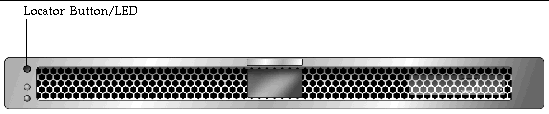 Graphic image of the front panel of the Sun Fire T1000 server. The locator button is located in the upper left corner of the chassis.