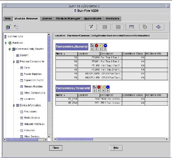 Screen capture of the Module Browser tab, displaying physical components, device information and environmental sensors for the Sun Fire V250.