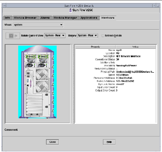 Screen capture showing the rear Physical view for the Sun Fire V250.