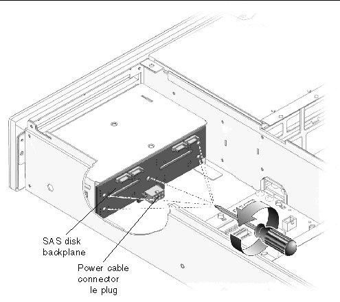 Figure showing how to remove the SAS disc backplane.