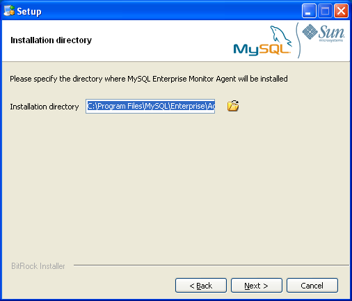 MySQL Enterprise Service Agent のインストール:
                Windows -インストールディレクトリ