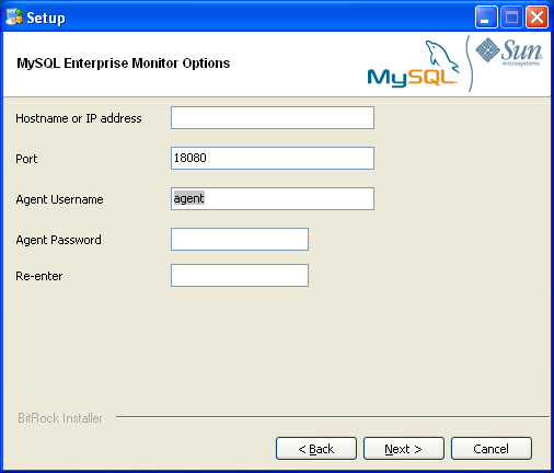 MySQL Enterprise Service Agent のインストール:
                Windows -MySQL Enterprise Service Manager のオプション