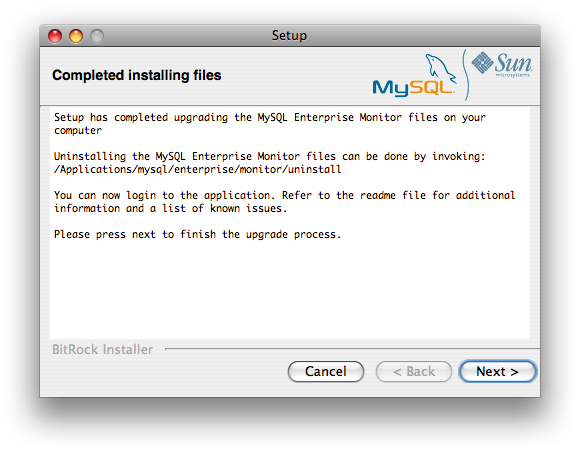 MySQL Enterprise Service Manager
                  更新のインストールインストールファイルの完了