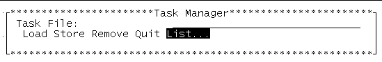 Screenshot of the SunVTS TTY Task Manager window. The Load, Store, Remove, Quit, and List options on the Task File menu are displayed.