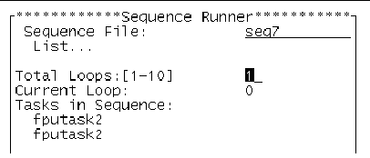 Screenshot of the SunVTS TTY Sequence Runner menu showing the Total Loops, Current Loop, and Tasks in Sequence options.