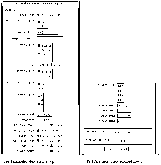Screenshot of the alarmtest Test Parameter Options dialog box.