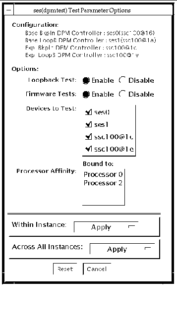 Screenshot of the dpmtest Test Parameter Options dialog box.