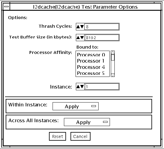 Screenshot of the l2cachetest Test Parameter Options dialog box.