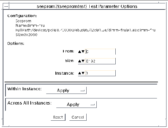 Screenshot of the seepromtest Test Parameter Options dialog box.