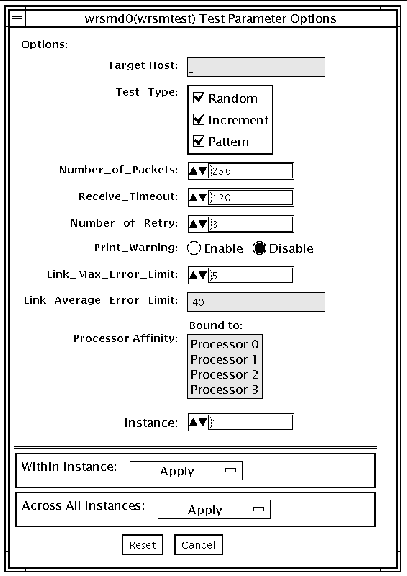 Screenshot of the wrsmtest Test Parameter Options dialog box.