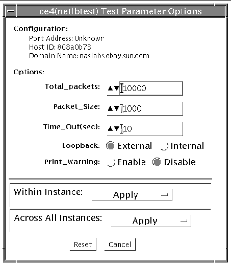 Screenshot of the netlbtest Test Parameter Options dialog box.