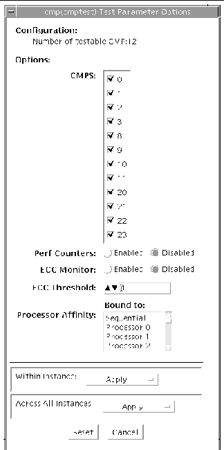 Screenshot of the cmptest Test Parameter Options dialog box.