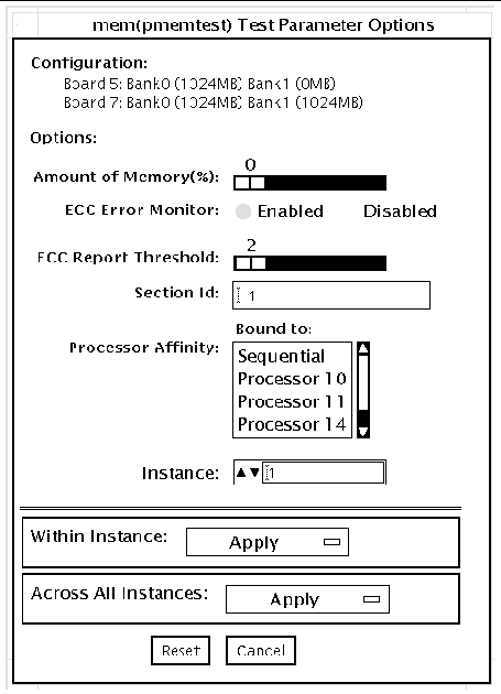 Screenshot of the pmemtest Test Parameter Options dialog box.